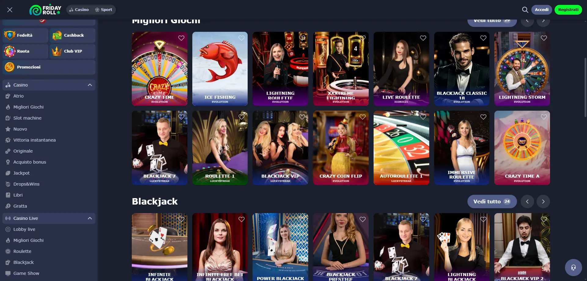 FridayRoll Casino live dealer Italia &mdash; giochi in tempo reale con croupier