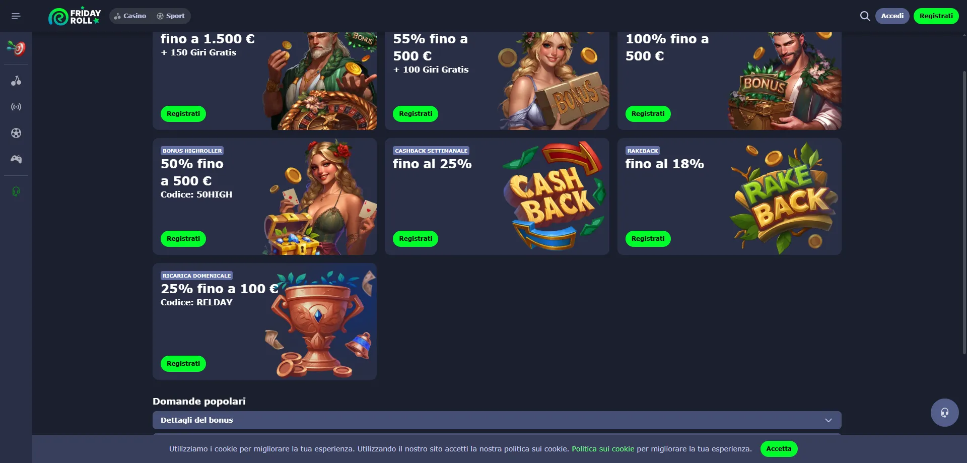 FridayRoll Casino bonus benvenuto 250 giri gratuiti &mdash; offerta Italia