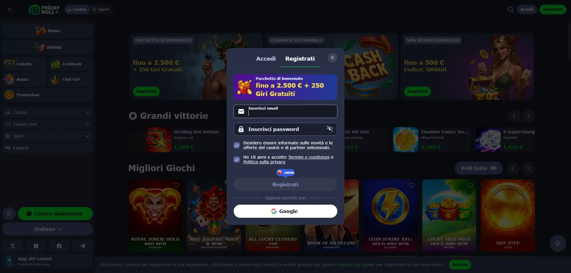 Registrazione su FridayRoll Casino Italia &mdash; crea il tuo account