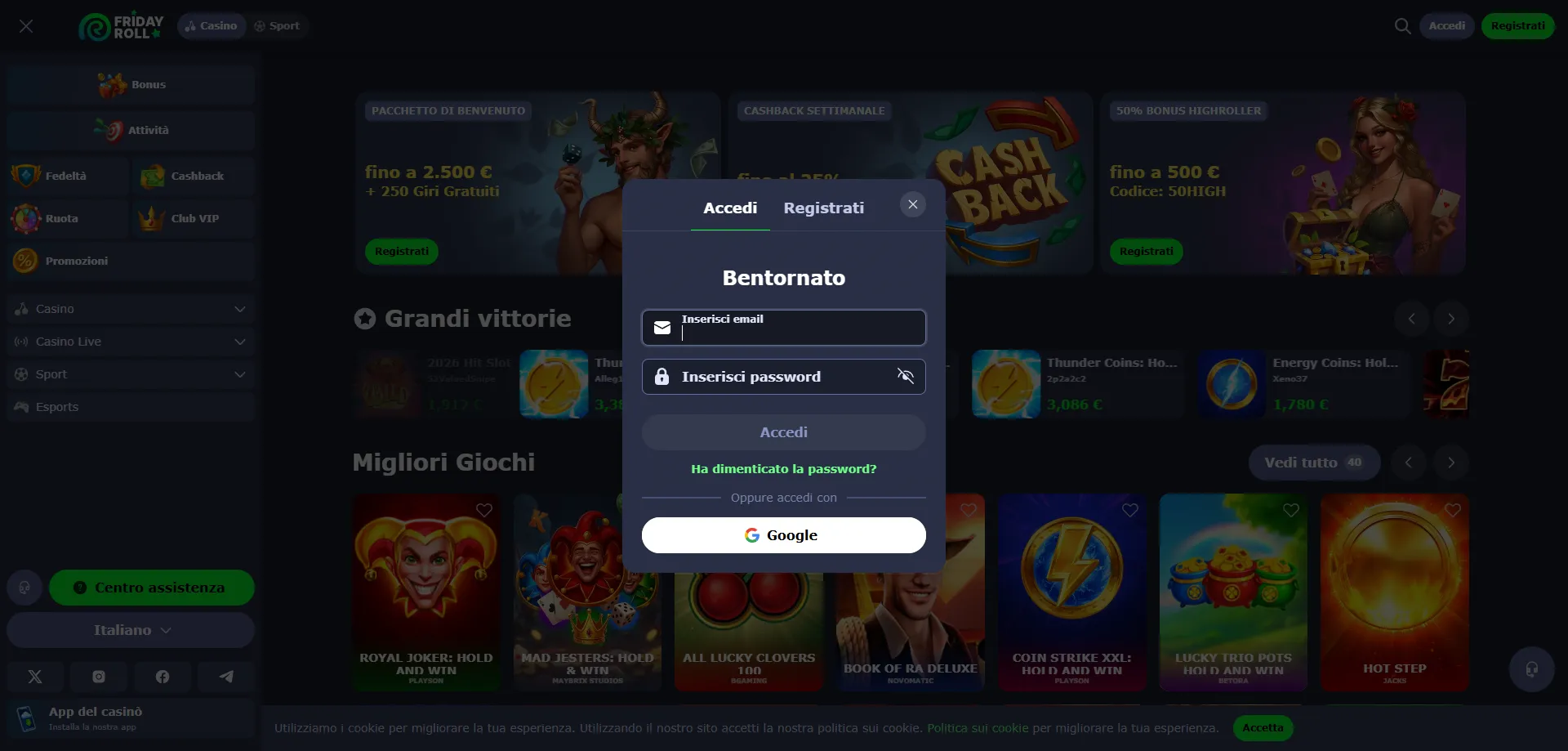 Accesso account FridayRoll Casino Italia &mdash; login sicuro e veloce